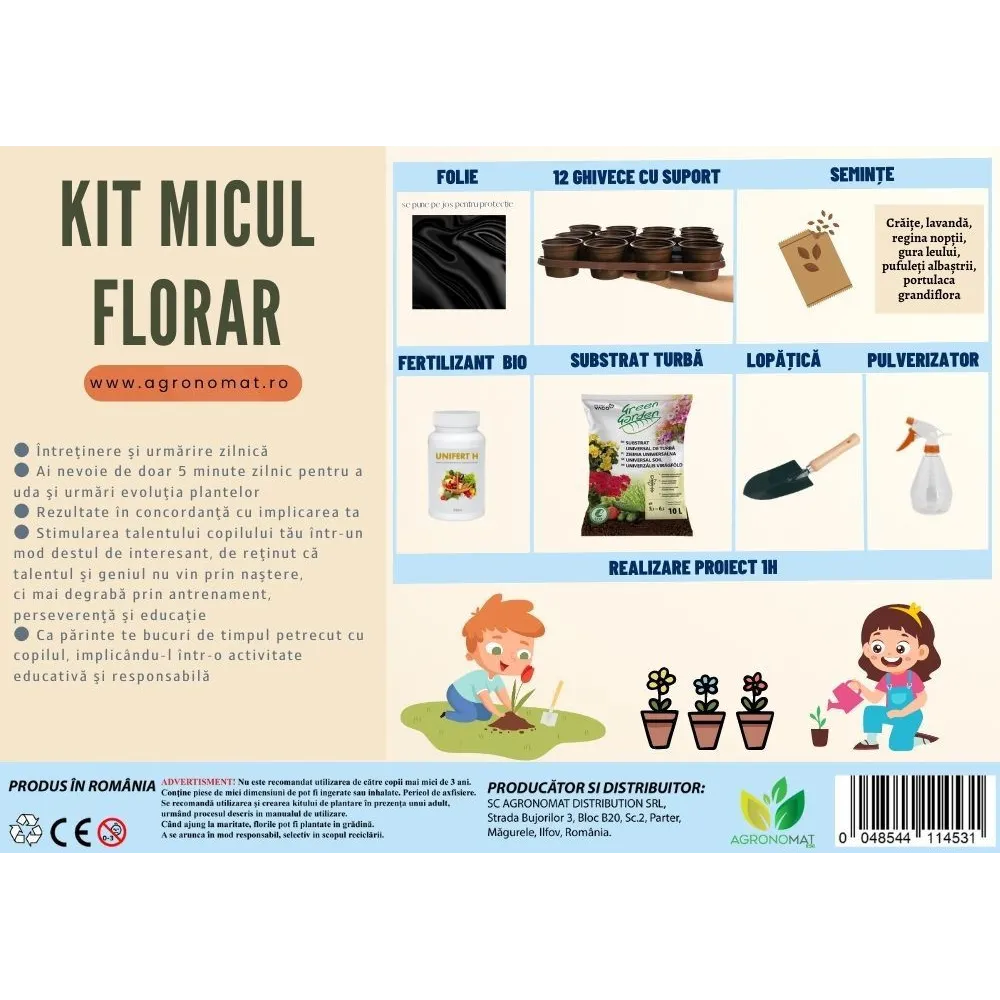 Kit plantare interactiv Agronomat, Micul Florar pentru copii cu 25 ...